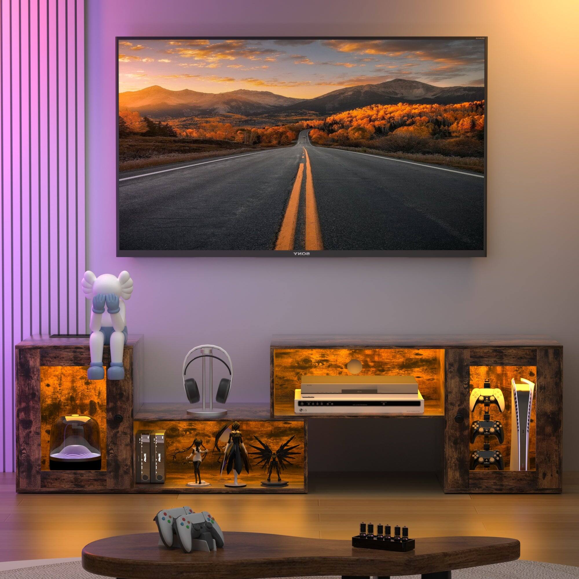 Alt View 3. Vecelo - LED TV Stand with 4 Outlets & USB - Fireproof Entertainment Center for 45-70" TVs, 23 Flashing Modes & Music Sync - Brown.