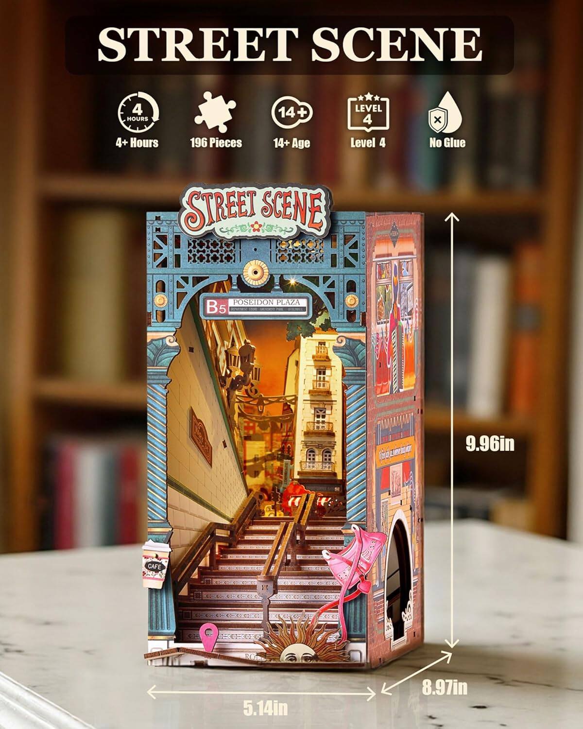 STREET SCENE  
4 HOURS  
14+ Age Level  
4 x 4+ Hours  
196 Pieces  
Level 4  
No Glue  

STREET SCENE POSEIDON PLAZA  
B5  
9.96in x 5.14in x 8.97in  
CAFE