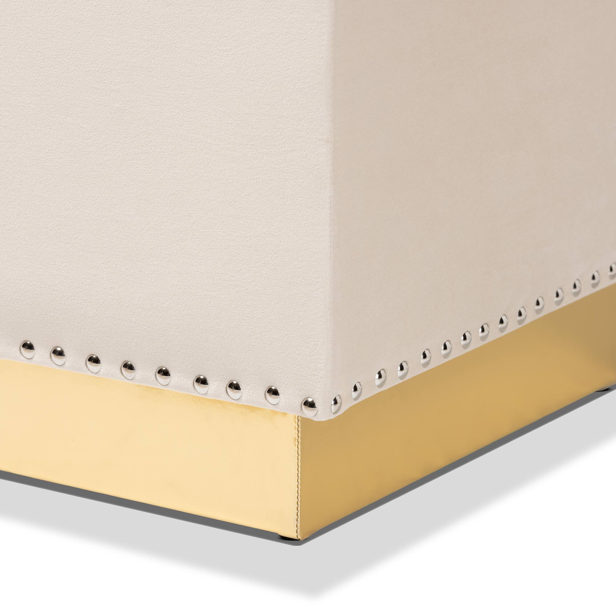 Alt View 2. Baxton Studio - Powell Glam and Luxe Velvet Fabric Upholstered and Gold PU Leather Storage Ottoman - Beige/gold.