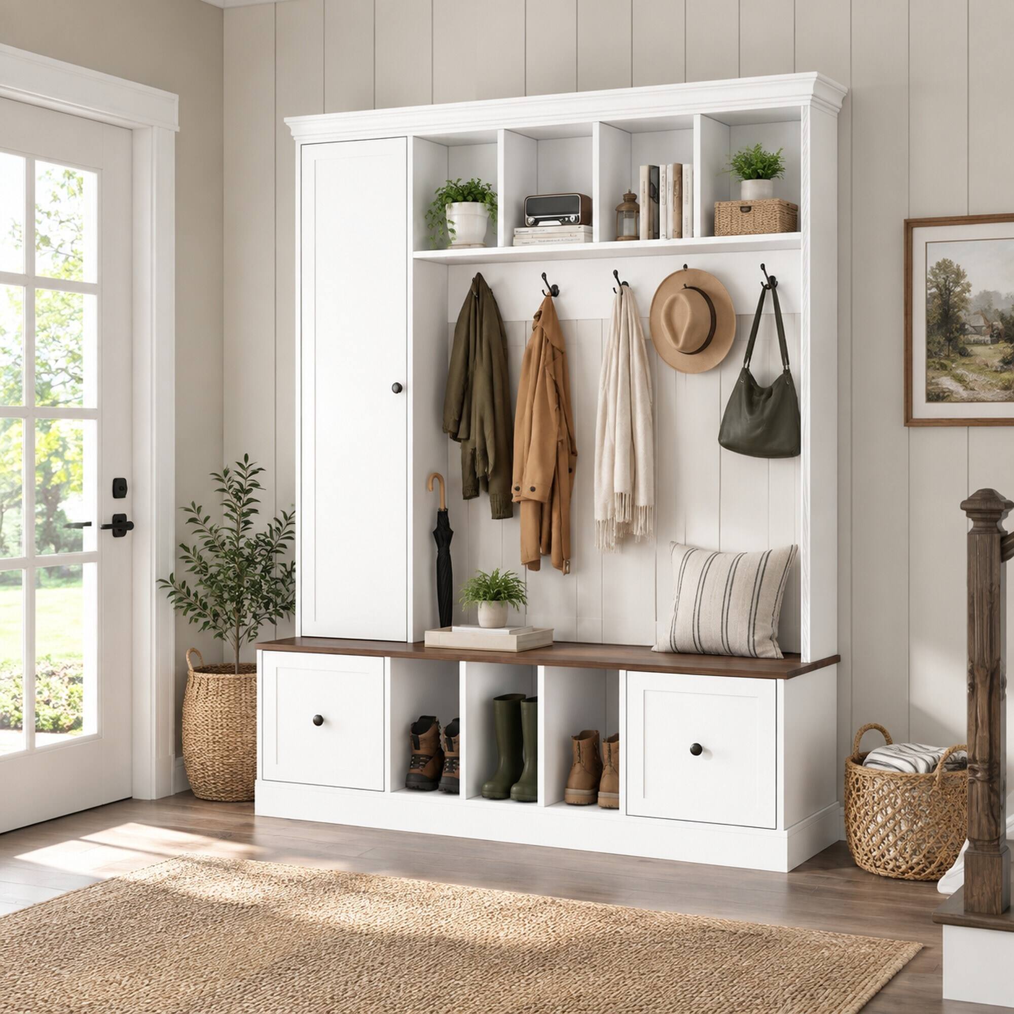 RYHNUYNE VIBE HAUS 62.2 in Farmhouse Hall Tree with Shoe Bench, 5 Hooks ...