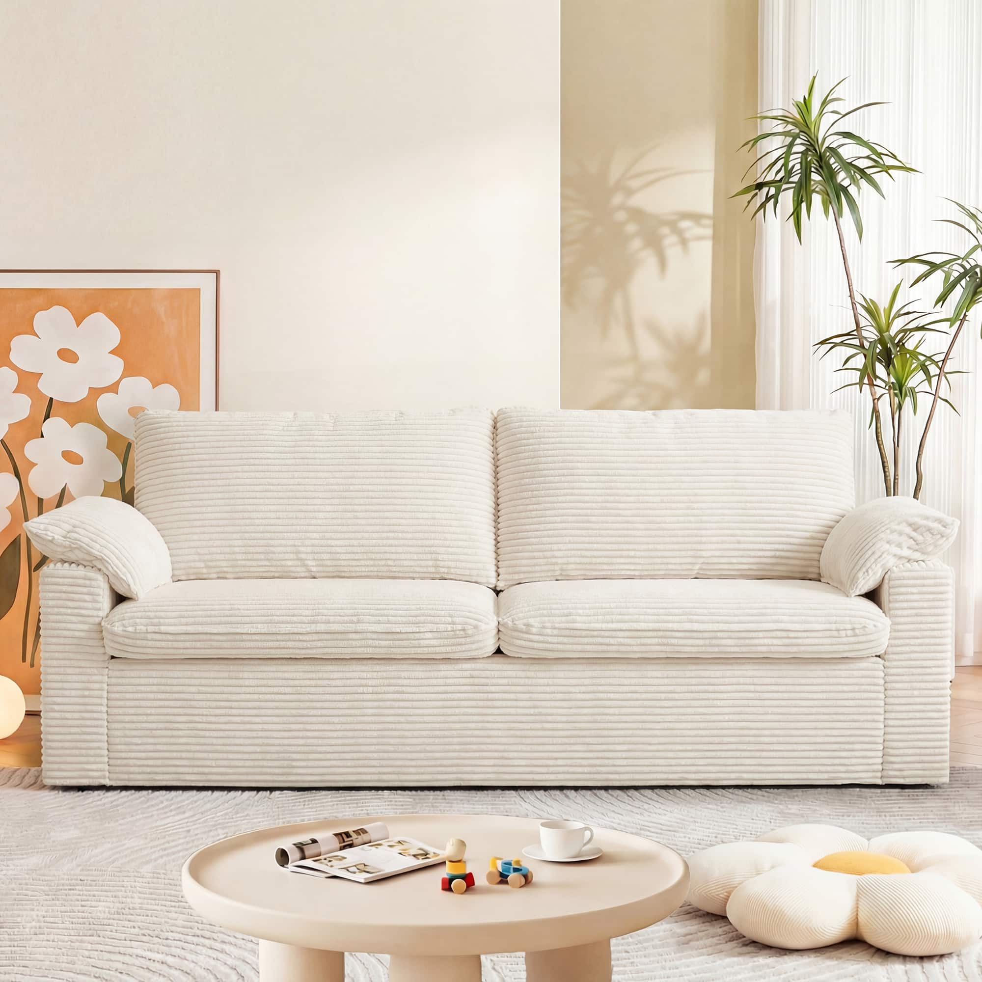 Dyonery - 86" Cloud Loveseat Sofa,  Deep Seat & Wide Armrest Pillows, Sturdy Frame, Breathable Ergonomic Design, Beige Corduroy - Beige