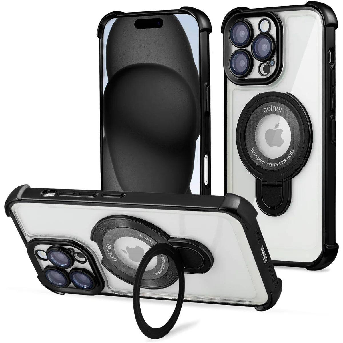 Entronix - Magnetic Case for iPhone 16 Pro Max - Clear Luxury Glossy Gripstand - Black