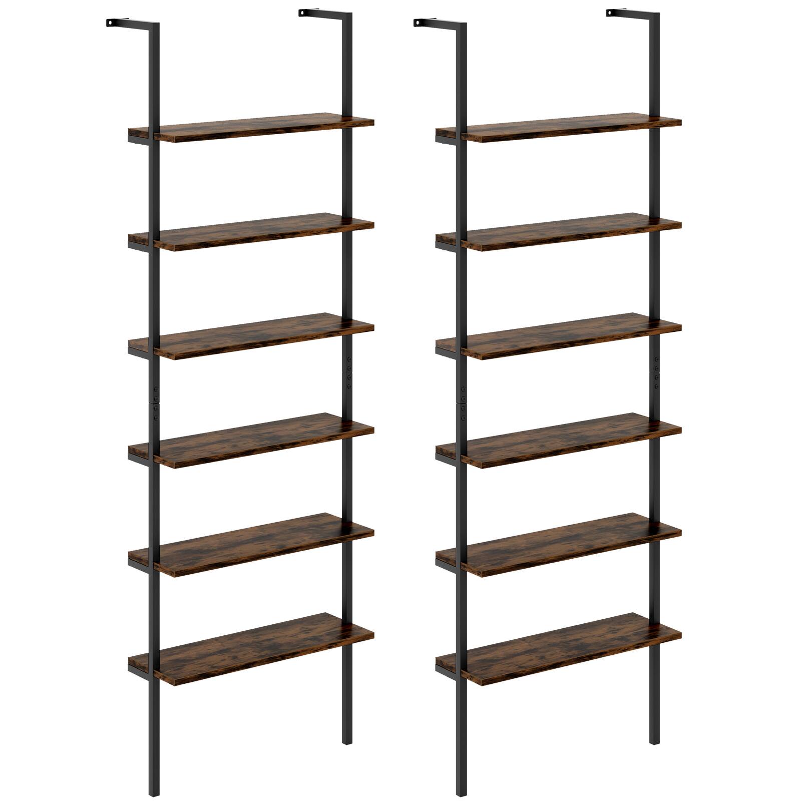 Alt View 9. Gymax - Gymax 2 PCS 6-tier Ladder Shelf 72 Inches Industrial Wall Mounted Bookshelf Brown - Rustic Brown.