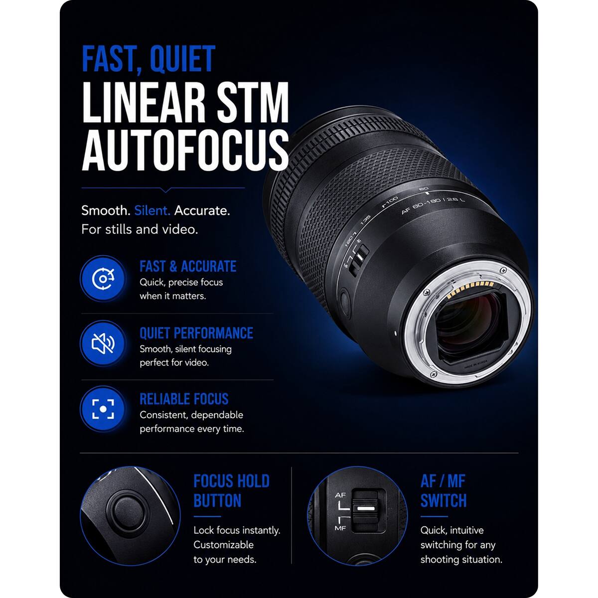 FAST, QUIET LINEAR STM AUTOFOCUS

Smooth. Silent. Accurate. For stills and video.

FAST & ACCURATE
Quick, precise focus when it matters.

QUIET PERFORMANCE
Smooth, silent focusing perfect for video.

RELIABLE FOCUS
Consistent, dependable performance every time.

FOCUS HOLD BUTTON
Lock focus instantly. Customizable to your needs.

AF / MF SWITCH
Quick, intuitive switching for any shooting situation.