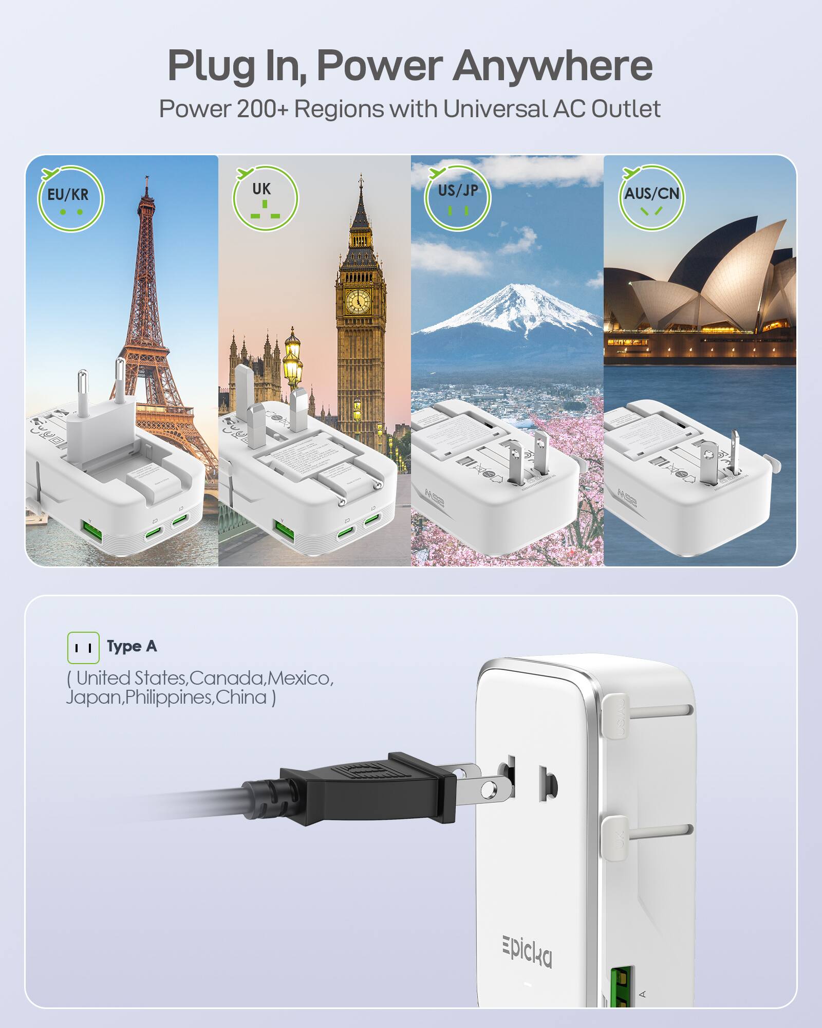 Plug In, Power Anywhere  
Power 200+ Regions with Universal AC Outlet  

EU/KR  
UK  
US/JP  
AUS/CN  

Type A  
(United States, Canada, Mexico, Japan, Philippines, China)  

Epicqa