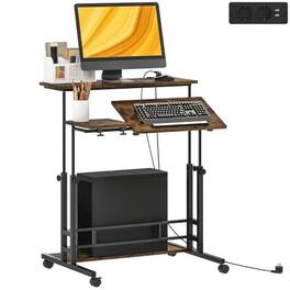 GOODSILO - Adjustable Standing Desk with Tiltable Tabletop, Mobile Casters, and Built-in Charging Station - Brown