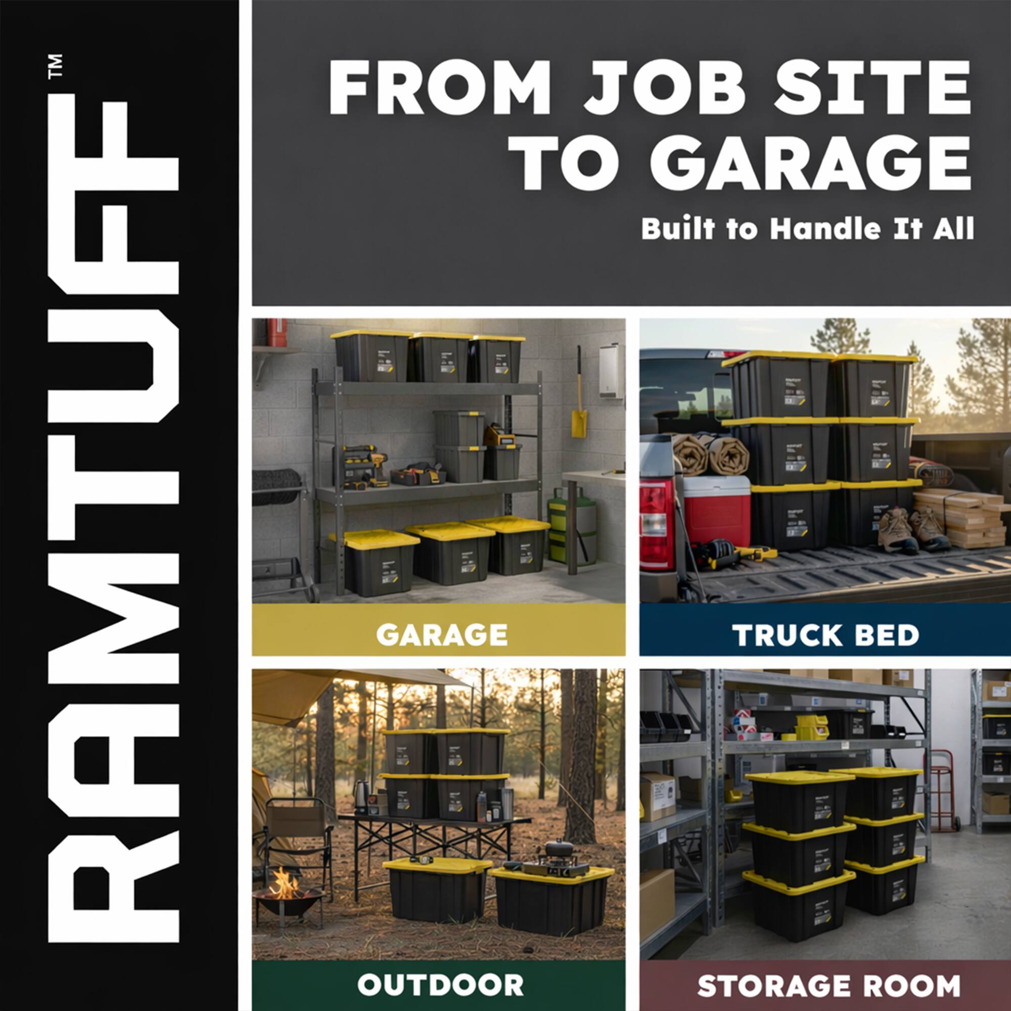 RAMTUFF™  
FROM JOB SITE TO GARAGE  
Built to Handle It All  

GARAGE  
TRUCK BED  
OUTDOOR  
STORAGE ROOM