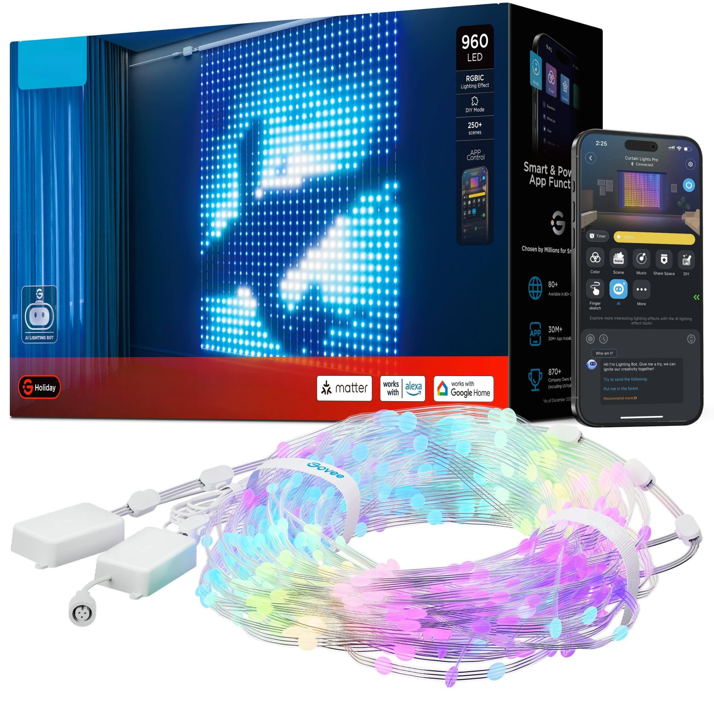 960 LED RGBIC Lighting Effect  
250+ Scenes  
PP Control  
Smart & Power App Function  
30M  
Works with Alexa  
Works with Google Home  
80+ WD  
30M  
Holiday  
Govee