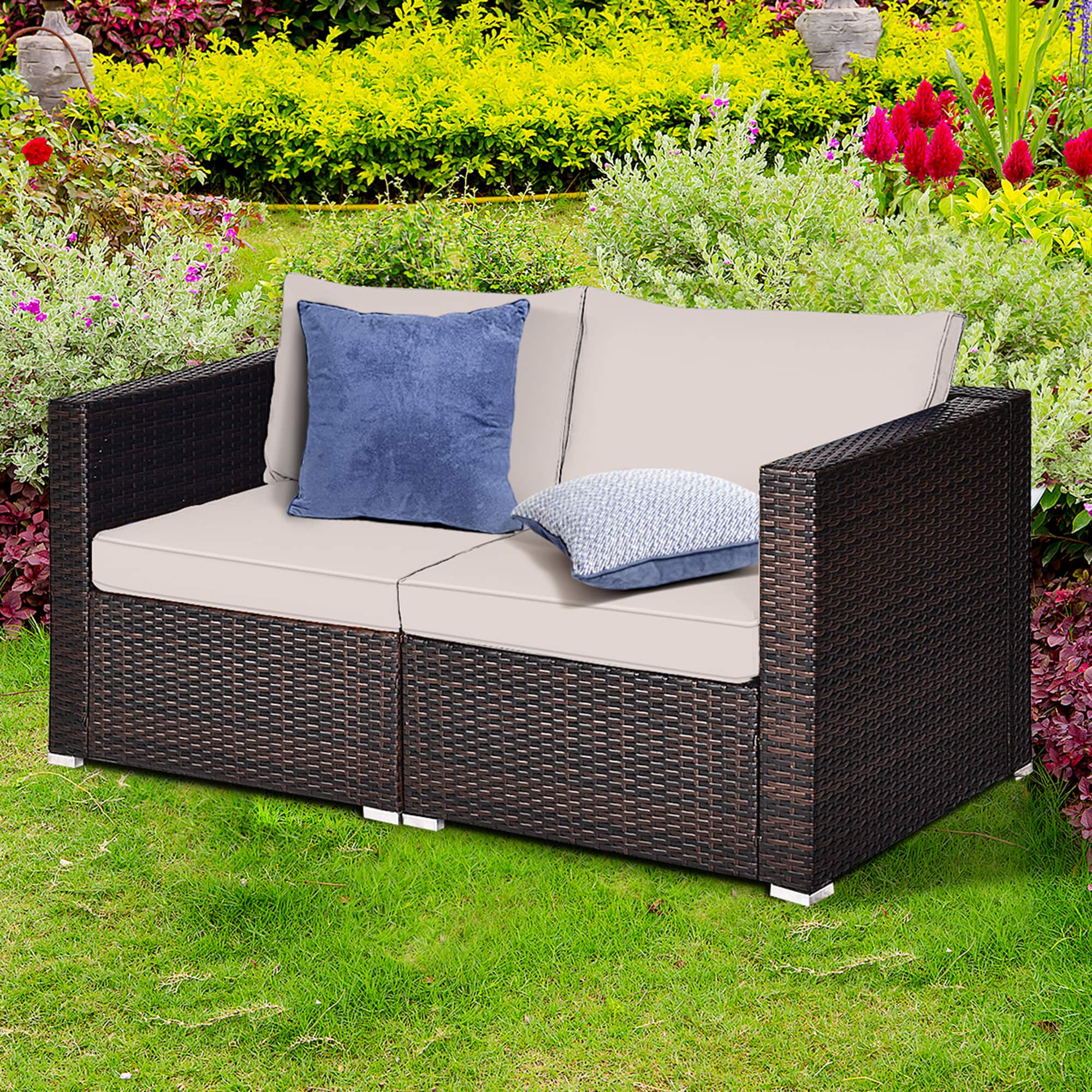 Gymax - 2PCS Rattan Corner Sofa Set Patio Outdoor Furniture Set w/ 4 Cushions - Beige