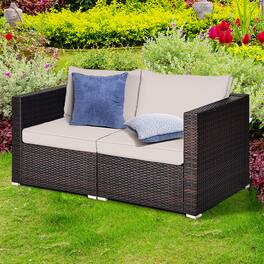 Gymax - 2PCS Rattan Corner Sofa Set Patio Outdoor Furniture Set w/ 4 Cushions - Beige