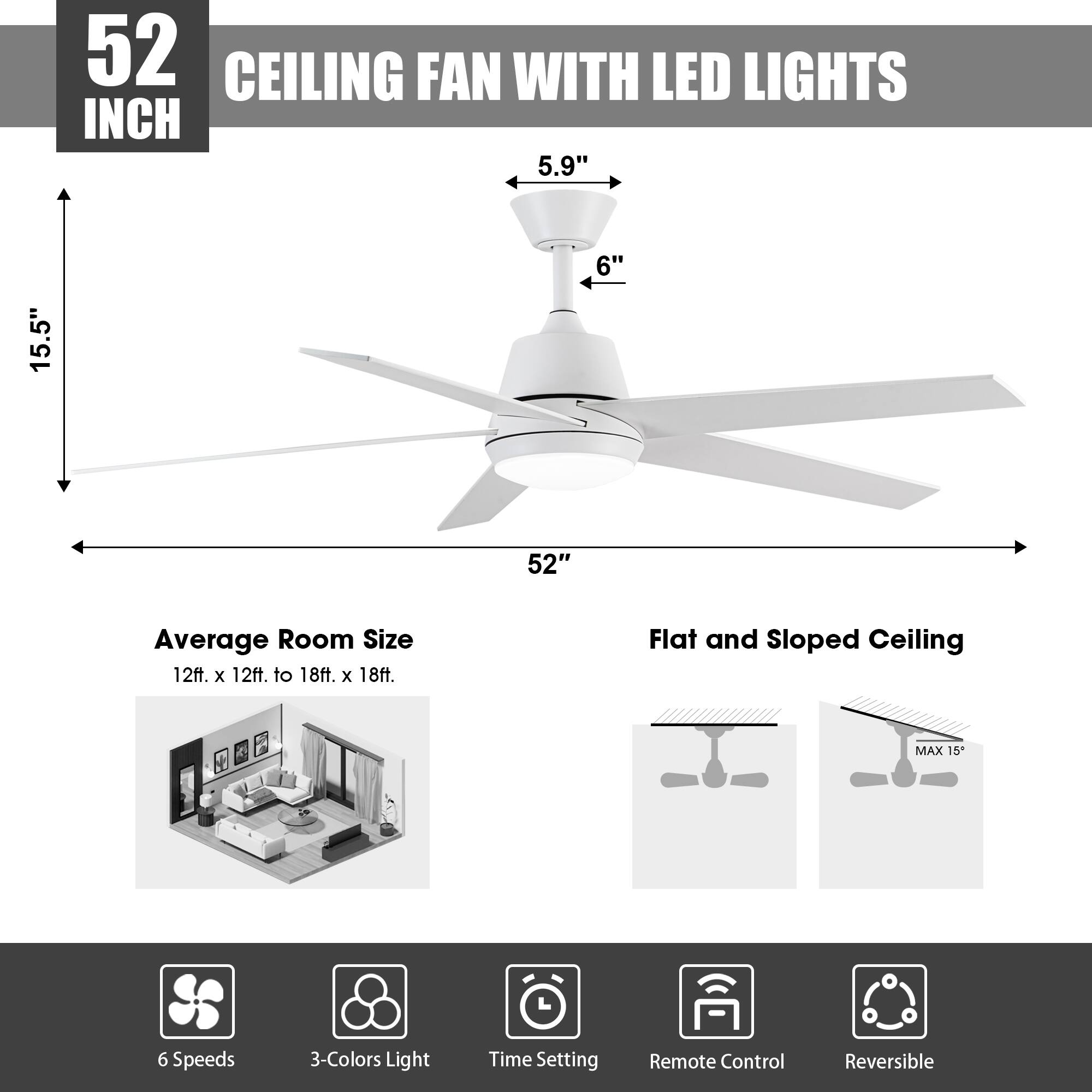 52 INCH CEILING FAN WITH LED LIGHTS

- 5.9"
- 6"
- 15.5"
- 52"

Average Room Size: 12ft. x 12ft. to 18ft. x 18ft.

Flat and Sloped Ceiling: MAX 15°

Features:
- 6 Speeds
- 3-Colors Light
- Time Setting
- Remote Control
- Reversible