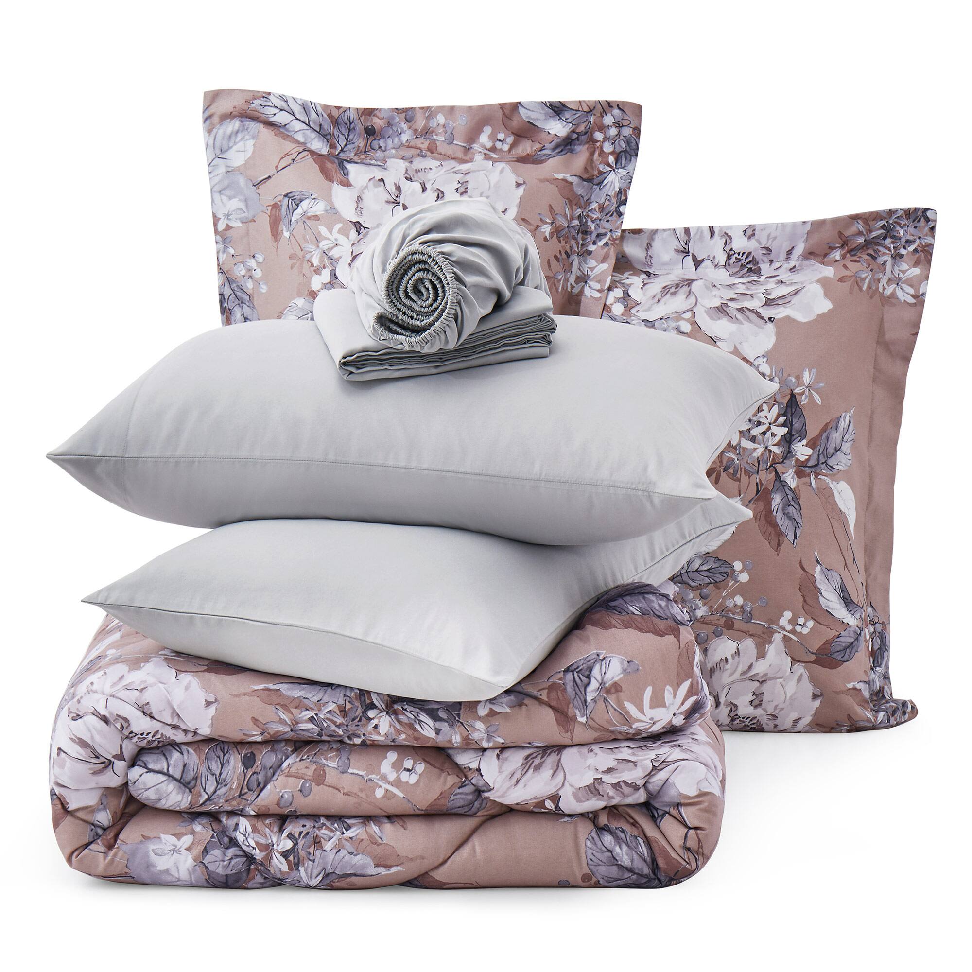 Back. Peace Nest - Peace Nest 7pc Floral Printed Reversible Comforter & Sheets Set - Camel.