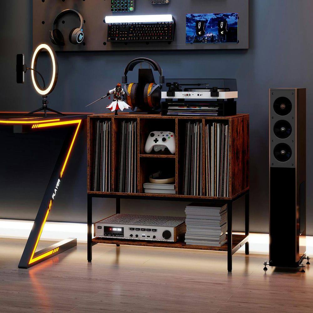 Back. Kadyn - Media Stand with Built-In Charging Station and Metal Frame, Rustic Brown - Brown.