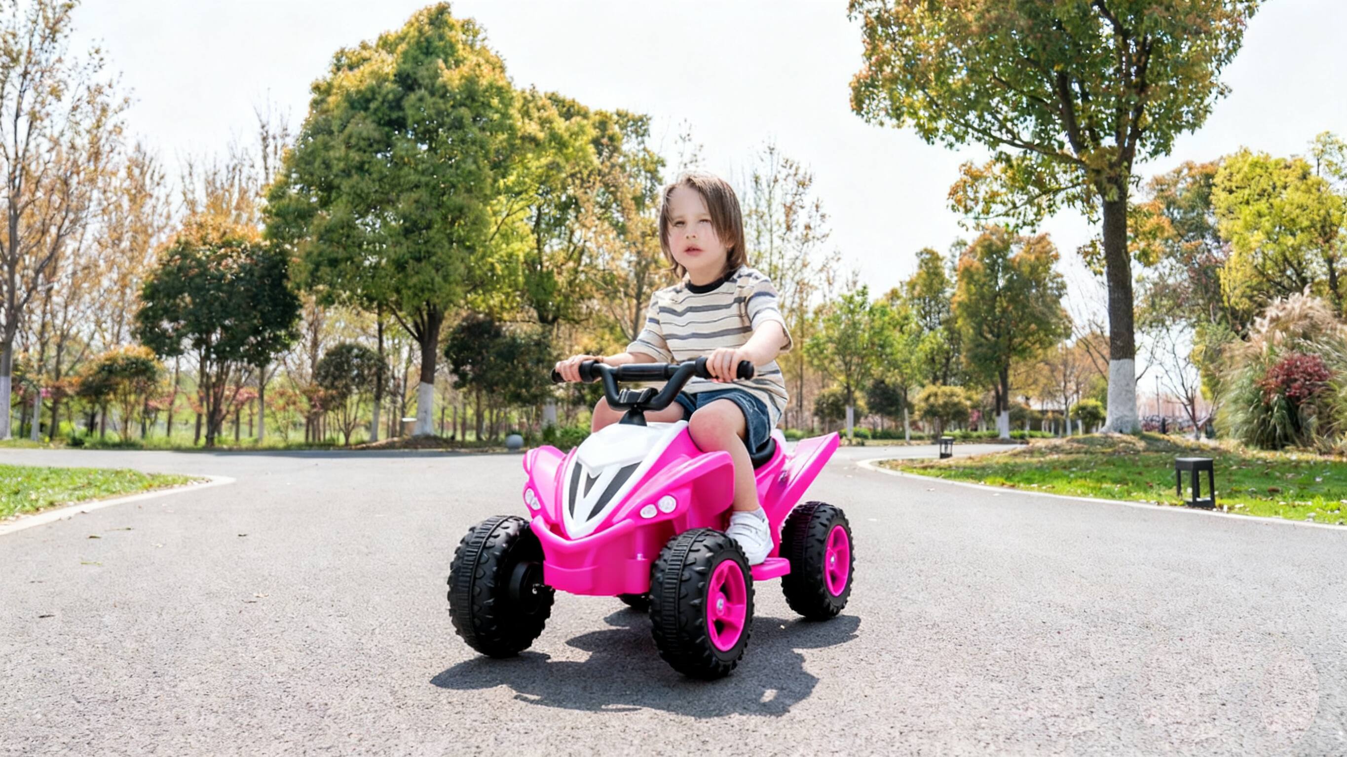 Left. BreeBe - Kids Electric Car 12V Dual Motor Ride-On Toy for 3-6 Years with Bluetooth, LED Lights, 2 Speeds, Forward/Backward - Pink.