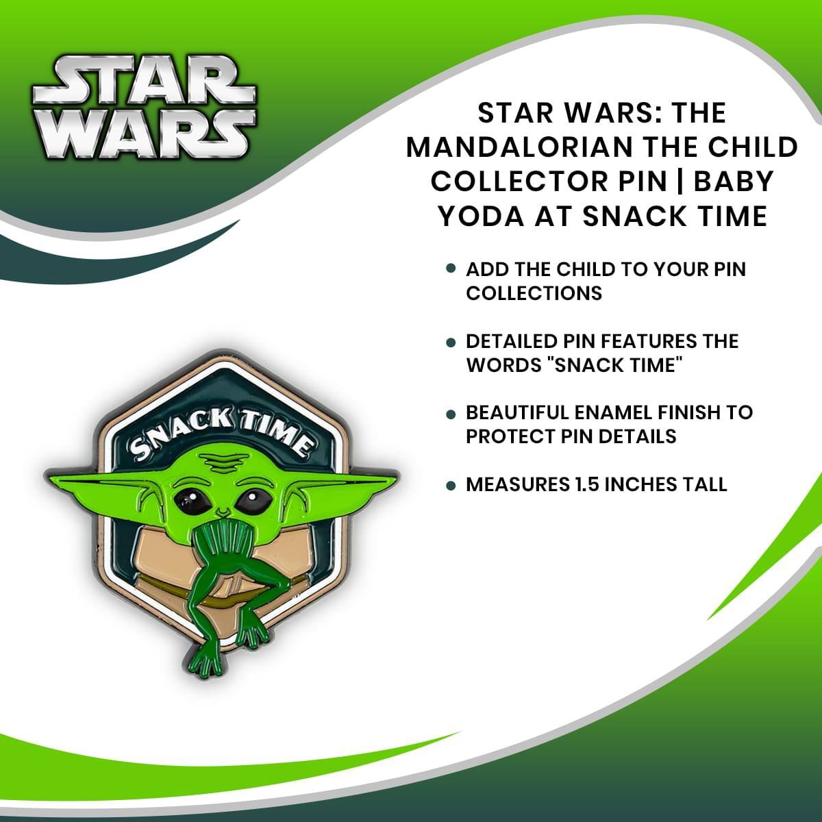 STAR WARS: THE MANDALORIAN THE CHILD COLLECTOR PIN | BABY YODA AT SNACK TIME

- ADD THE CHILD TO YOUR PIN COLLECTIONS
- DETAILED PIN FEATURES THE WORDS "SNACK TIME"
- BEAUTIFUL ENAMEL FINISH TO PROTECT PIN DETAILS
- MEASURES 1.5 INCHES TALL