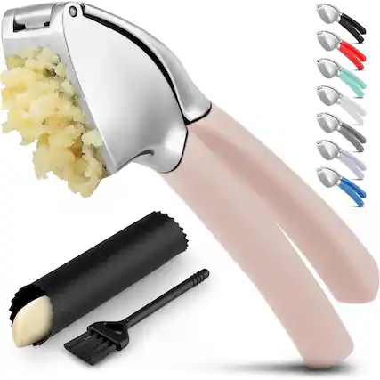 Front. Zulay Kitchen - Zulay Kitchen Garlic Press Mincer with Peeler and Brush - Light Pink.
