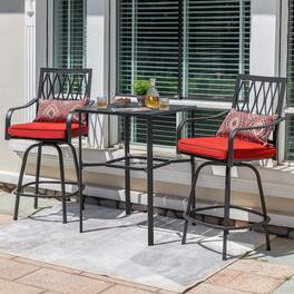 Nuu Garden - Outdoor 3PCS Metal Swivel Bar Set with Umbrella Hole and Padded Cushions - Black and Red