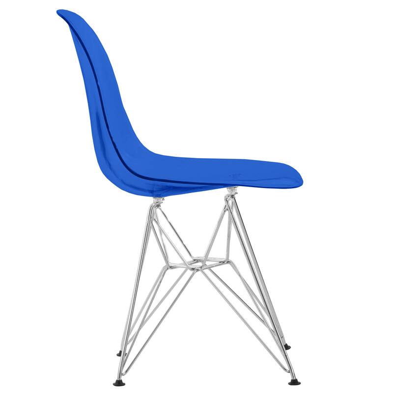 Left. LeisureMod - Cresco Modern Acrylic Dining Chair, Ergonomic Curved Seat with Chrome Eiffel Base - Transparent Blue.