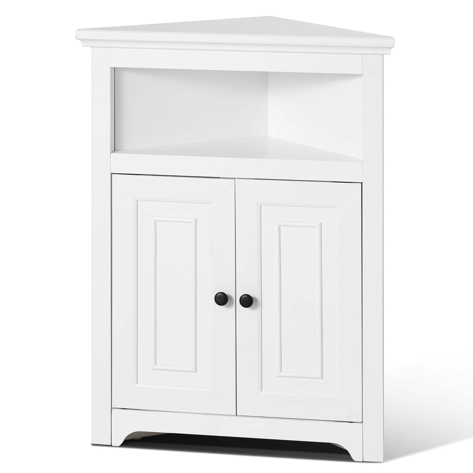 VEVOR - 32" Corner Storage Cabinet, 3 Tiers Small Storage Cabinet with 2 Wooden Doors & Adjustable Shelves - White