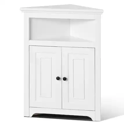 Front. VEVOR - 32" Corner Storage Cabinet, 3 Tiers Small Storage Cabinet with 2 Wooden Doors & Adjustable Shelves - White.