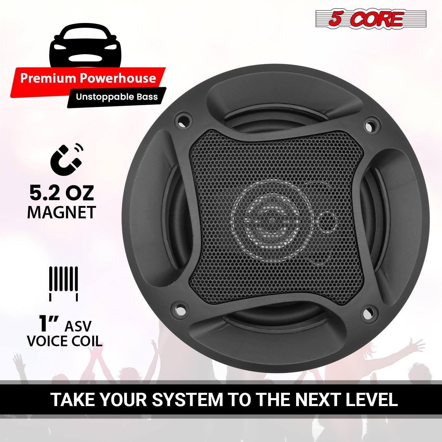 5 CORE, Premium Powerhouse, Unstoppable Bass, 5.2 OZ MAGNET, 1" ASV VOICE COIL, TAKE YOUR SYSTEM TO THE NEXT LEVEL