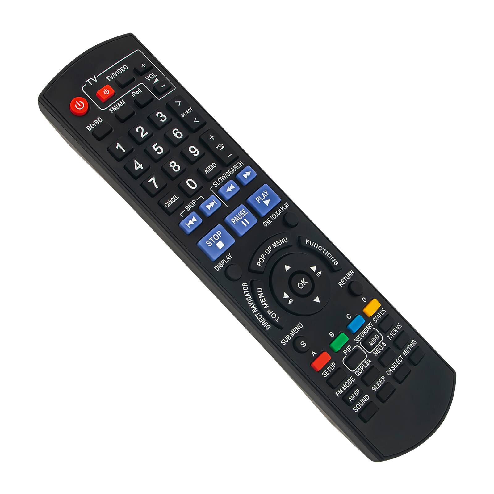 Sure, here is the corrected and grouped text from the image:

**Top Section:**
- TV
- VIDEO
- VOL +
- VOL -
- IPod
- FM/AM
- 3 SELECT
- 2
- 6
- 1
- 5
- 9
- 4
- 8
- 0
- AUDIO
- SLOW/SEARCH
- CANCEL
- PLAY
- SKIP
- PAUSE
- ONETOUCHPLAY
- STOP
- MENU
- DISPLAY
- POP-UP FUNCTIONS
- OK
- RETURN
- RECTNAVIGATOR
- MENU
- DIRECT
- TOP
- STATUS
- MENU
- SECONDARY
- 7.1CHVS
- SUB
- AUDIO
- A
- PIP
- NEO:6
- MUTING
- SETUP
- COPLIX
- CH SELECT
- FM MODE
- SLEEP
- AM/BP
- SOUND

**Number Pad:**
- 1
- 2
- 3
- 4
- 5
- 6
- 7
- 8
- 9
- 0

**Bottom