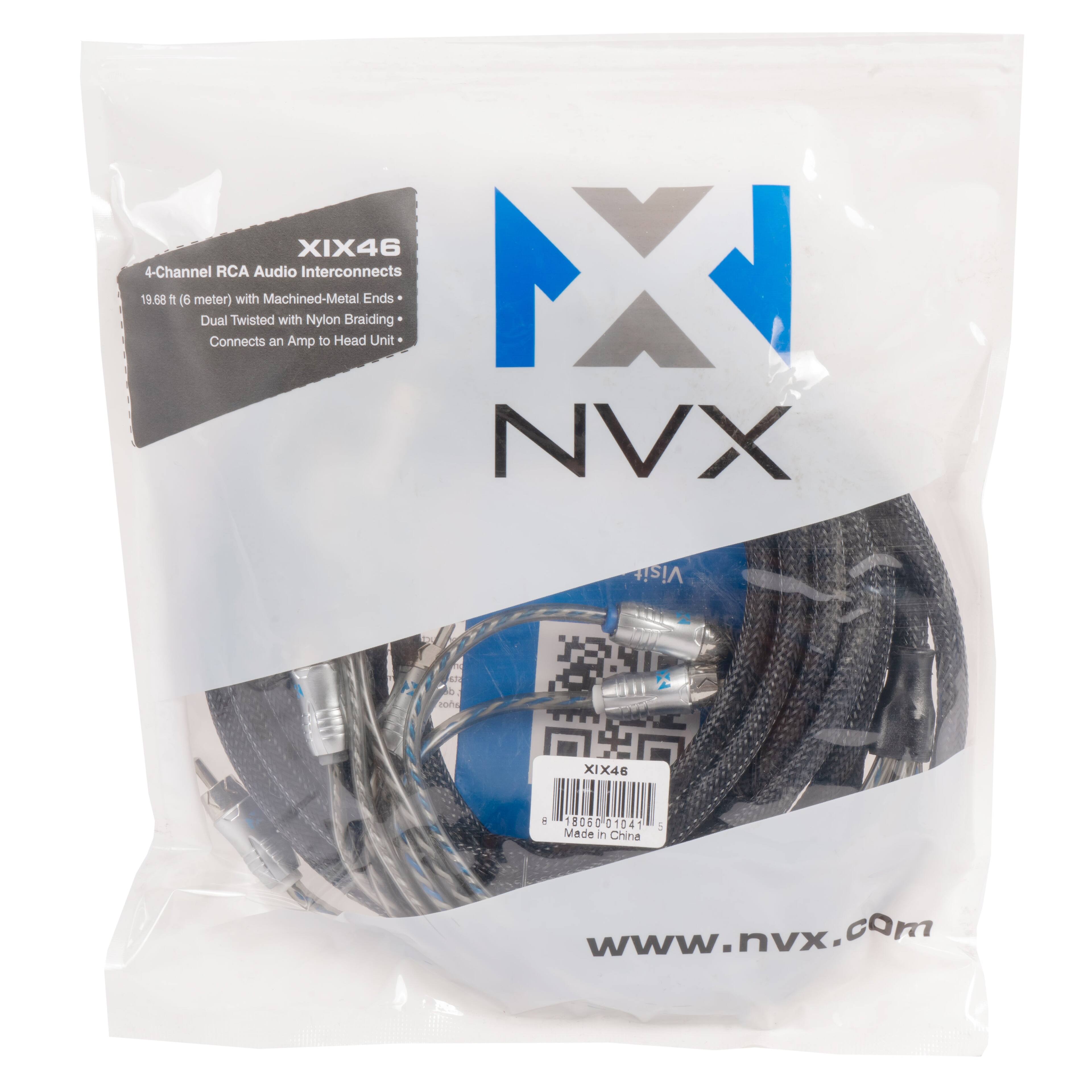 XIX46 4-Channel RCA Audio Interconnects  
19.68 ft (6 meter) Dual Twisted with Machined-Metal Ends and Nylon Braiding  
Connects an Amp to Head Unit  
Made in China  
www.nvx.com  

NVX