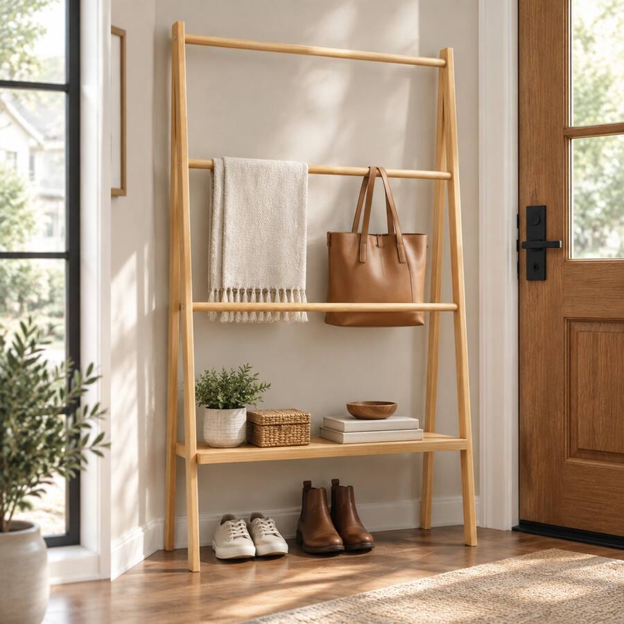 Frontgate Pool Towel Rack RYHNUYNE Freestanding Bamboo Towel Rack, 30.16 in Long, 51 in Wide, 10. ...