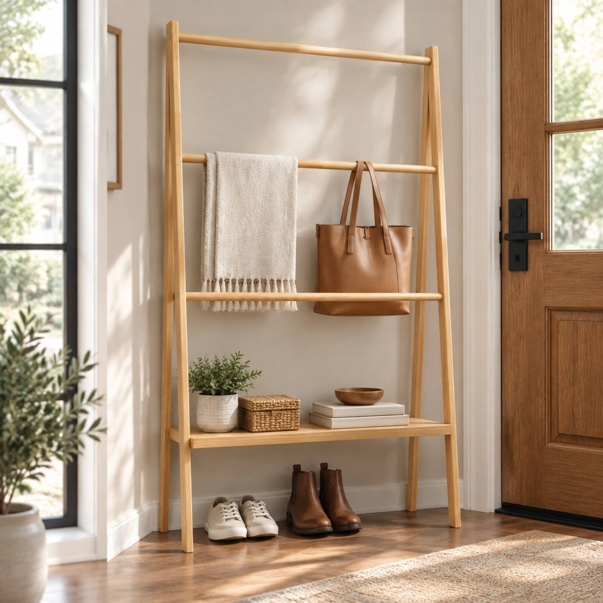 RYHNUYNE Freestanding Bamboo Towel Rack, 30.16 in Long, 51 in Wide, 10. ...