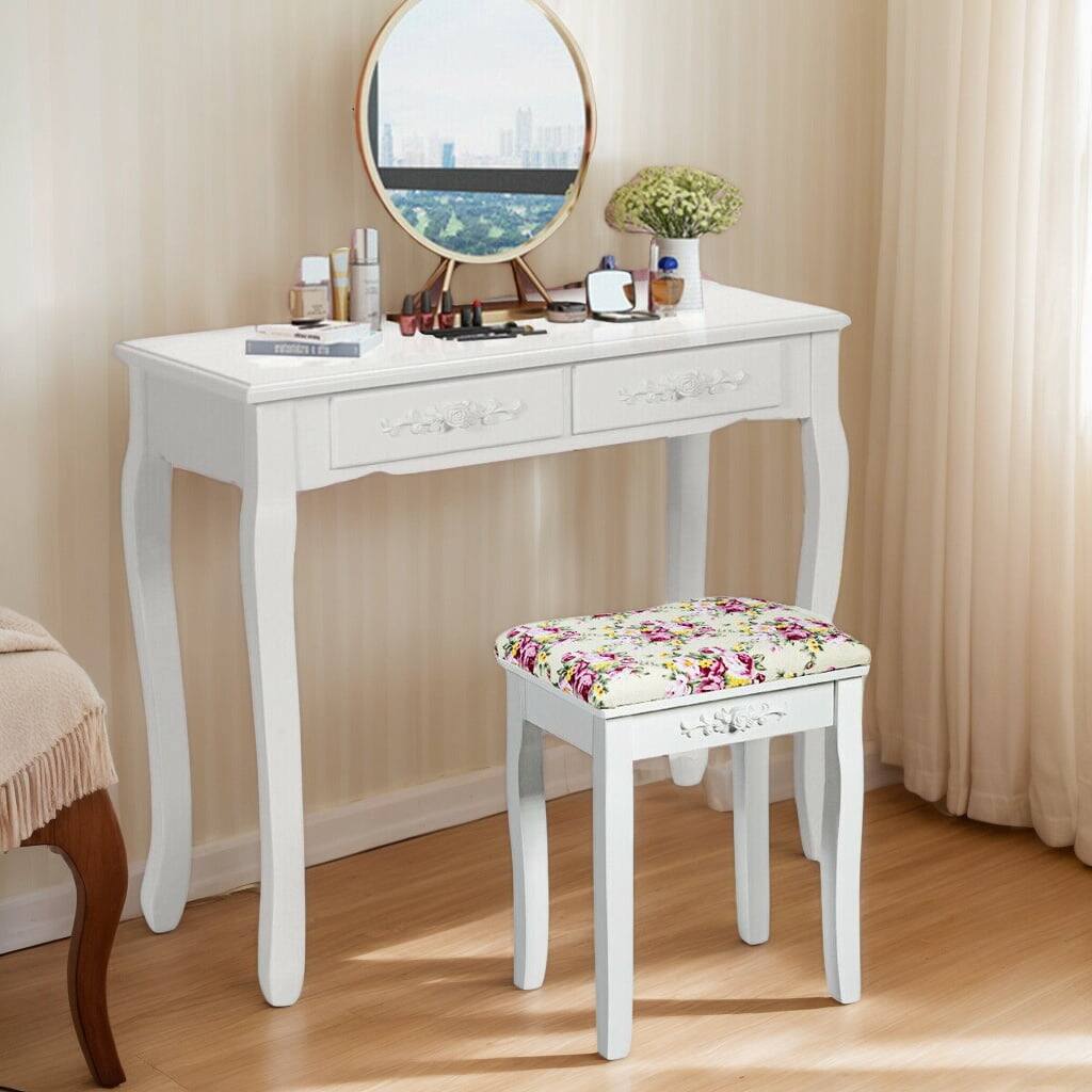 Front. Kadyn - Vanity Wood Dressing Stool Padded Piano Seat with Rose Cushion-White - White.
