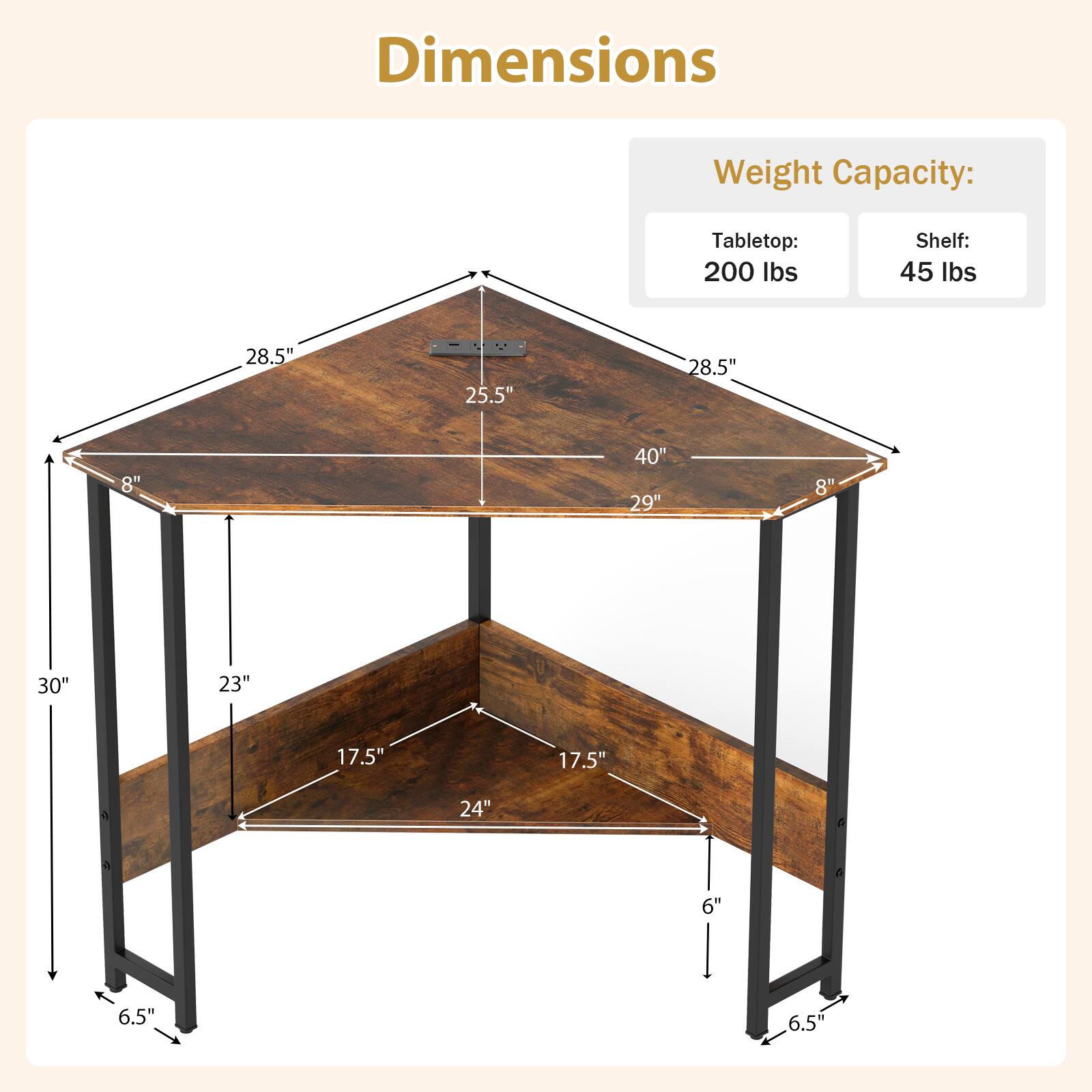 Dimensions Weight Capacity: Tabletop: 200 lbs Shelf: 45 lbs

28.5" 25.5" 28.5" 8" 40" 29" 8" 30" 23" 17.5" 17.5" A 24" 6" 6" 6" 6.5" 6.5"
