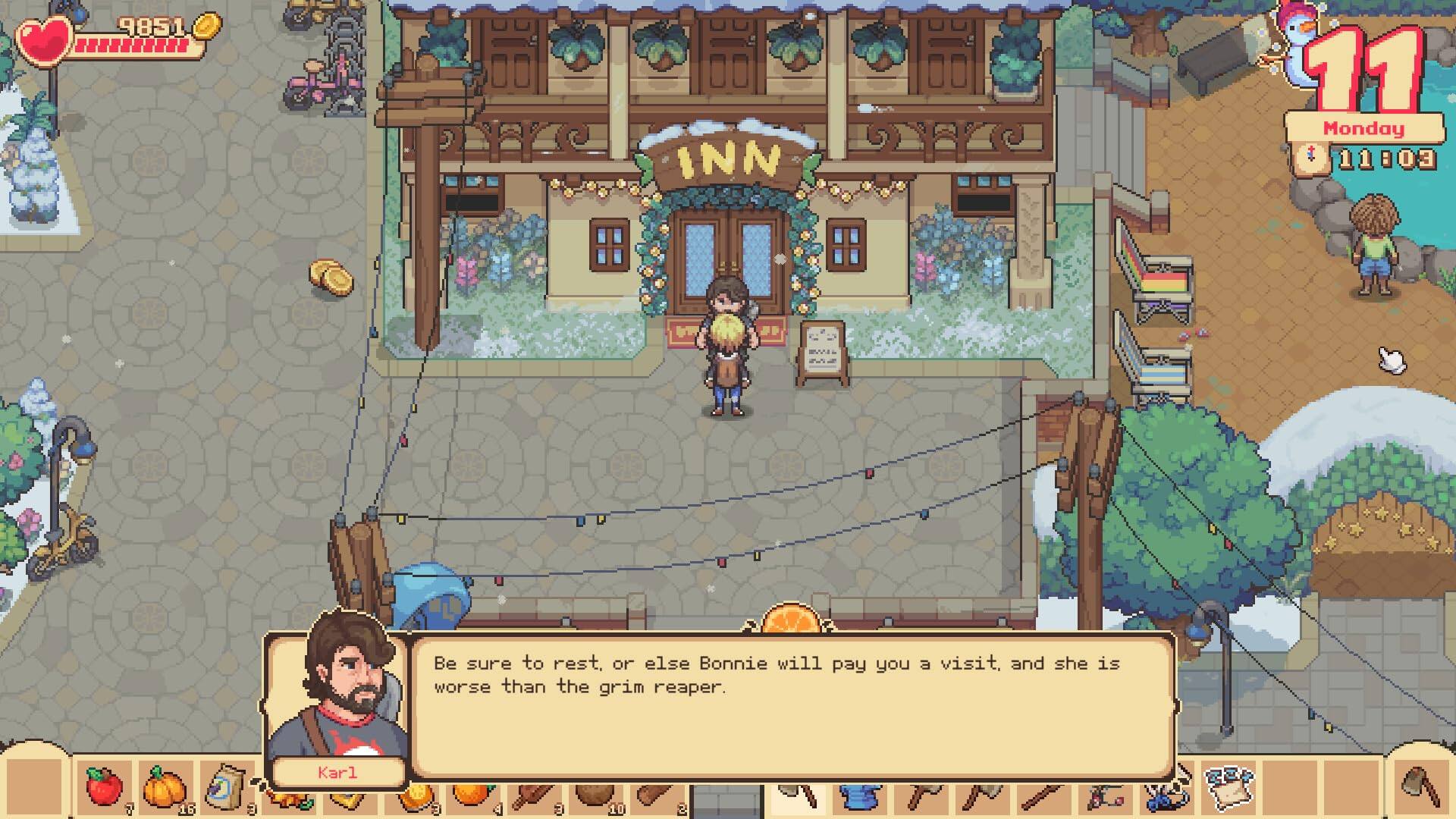 9851

Be sure to rest or else Bonnie will pay you a visit, and she is worse than the grim reaper.

Karl

11 Monday 11:03