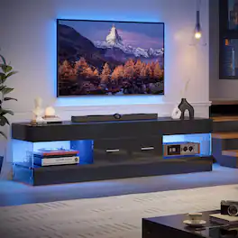Bestier - 60 Inch Gaming TV Stand for TVs up to 65 Inch Glossy Media Console with Storage Drawer & LED Remote Control - Black