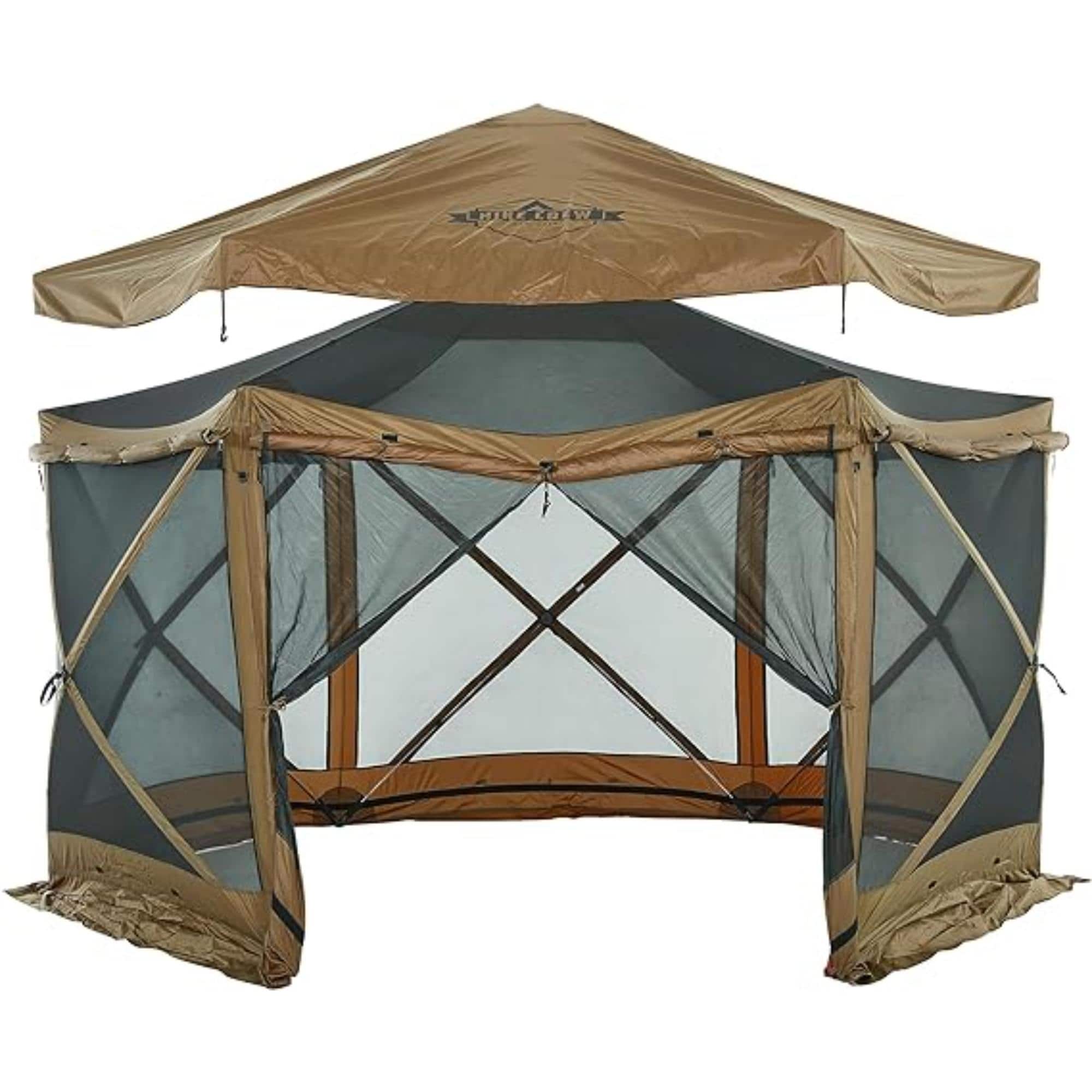 Hike Crew - 13’ x 13’ Screened Roof Pop Up Gazebo Tent, 6-Side Outdoor Camping Canopy Shelter - Brown