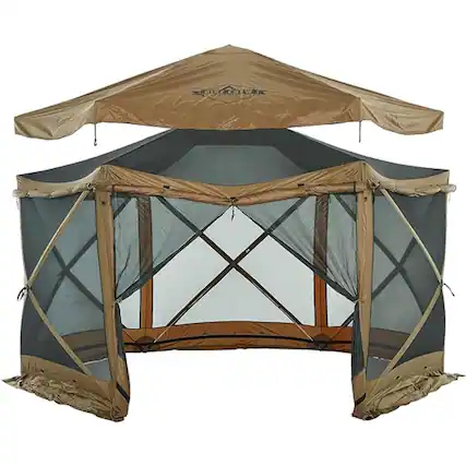 Front. Hike Crew - 13’ x 13’ Screened Roof Pop Up Gazebo Tent, 6-Side Outdoor Camping Canopy Shelter - Brown.