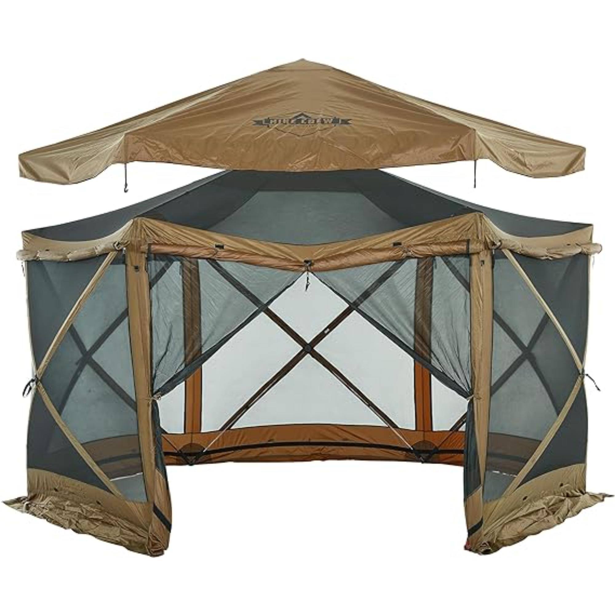 Front. Hike Crew - 13’ x 13’ Screened Roof Pop Up Gazebo Tent, 6-Side Outdoor Camping Canopy Shelter - Brown.