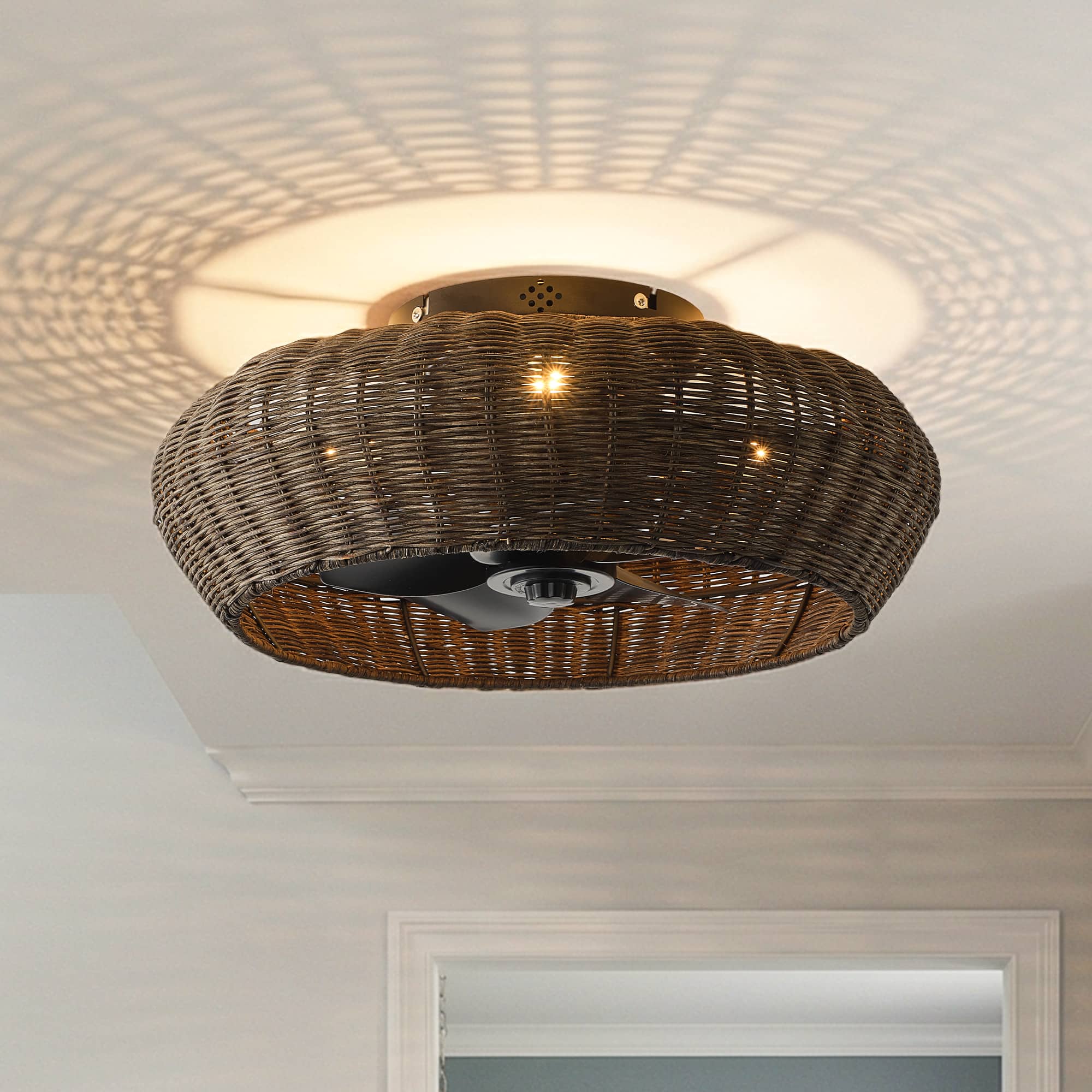 Vaczon - 20" Boho Rattan Caged Ceiling Fan with Light and Remote, 6-Speed Reversible Blades, Low-Profile Flush Mount Ceiling Fan - Espresso Rattan