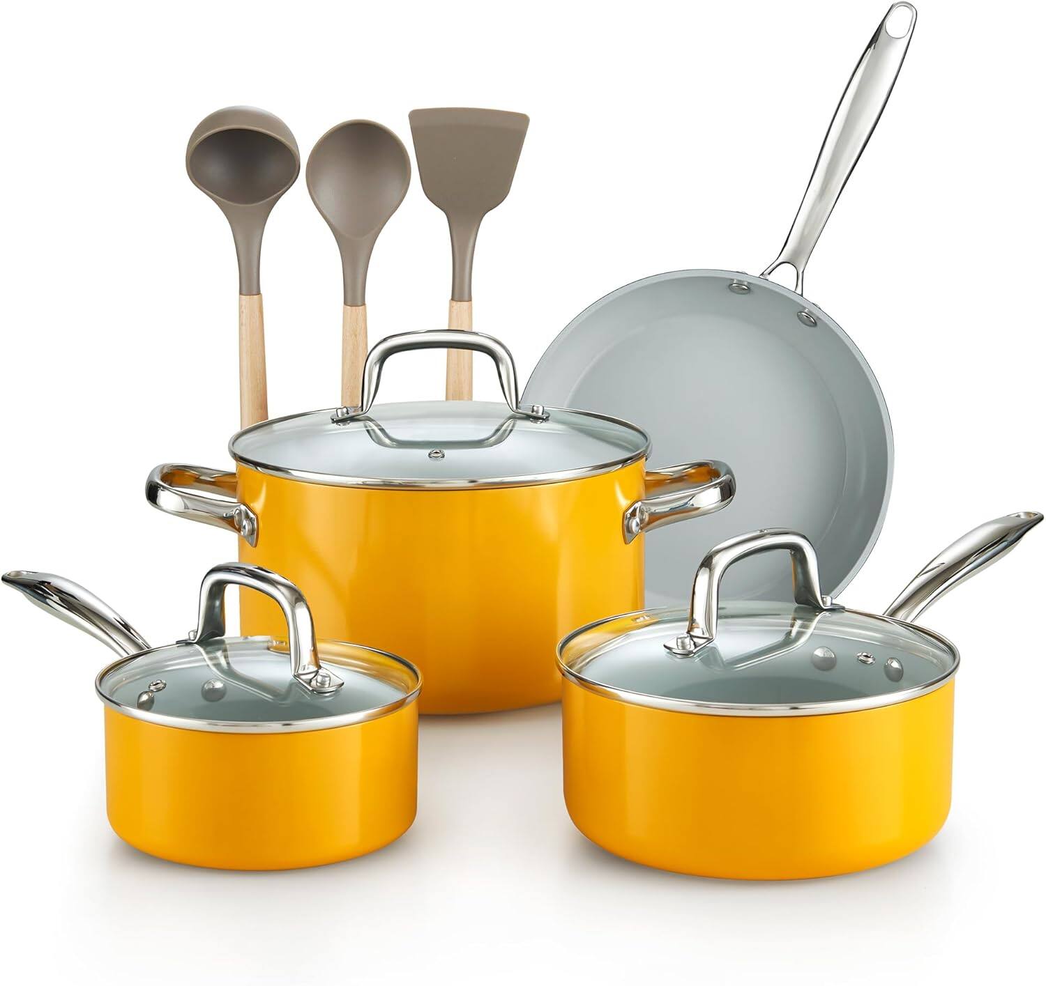 Front. Cook N Home - Cook N Home 10 Pcs Ceramic Pots and Pans Cookware Set, Non Stick & Non-Toxic Health Kitchen Cook Ware Sets, Yellow - yellow.