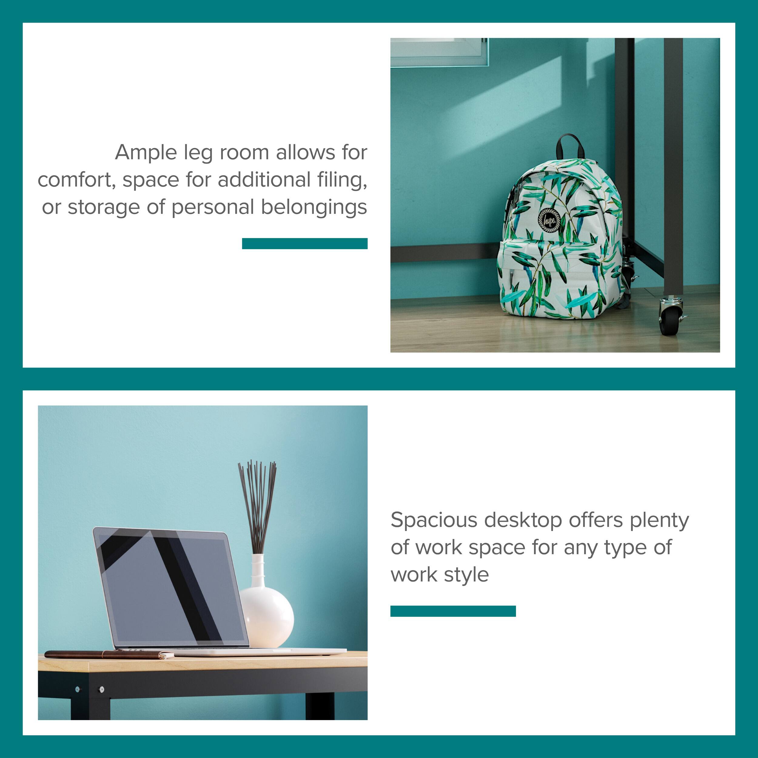 Ample leg room allows for comfort, space for additional filing, or storage of personal belongings

Spacious desktop offers plenty of work space for any type of work style