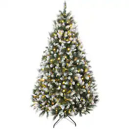 Homcom - Pre-lit Artificial Christmas Tree White-Tipped Hinged Full Xmas Tree with 1378 - Green and White