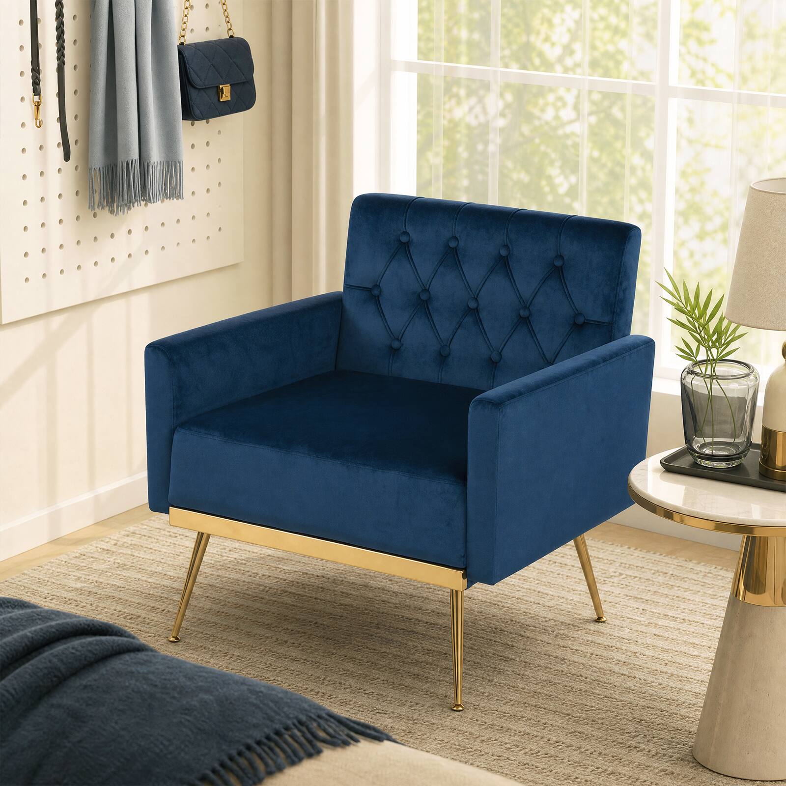 Alt View 4. Costway - Costway Mid-century Upholstered Accent Chair with Button Tufted Back, Golden Metal Legs - Blue.