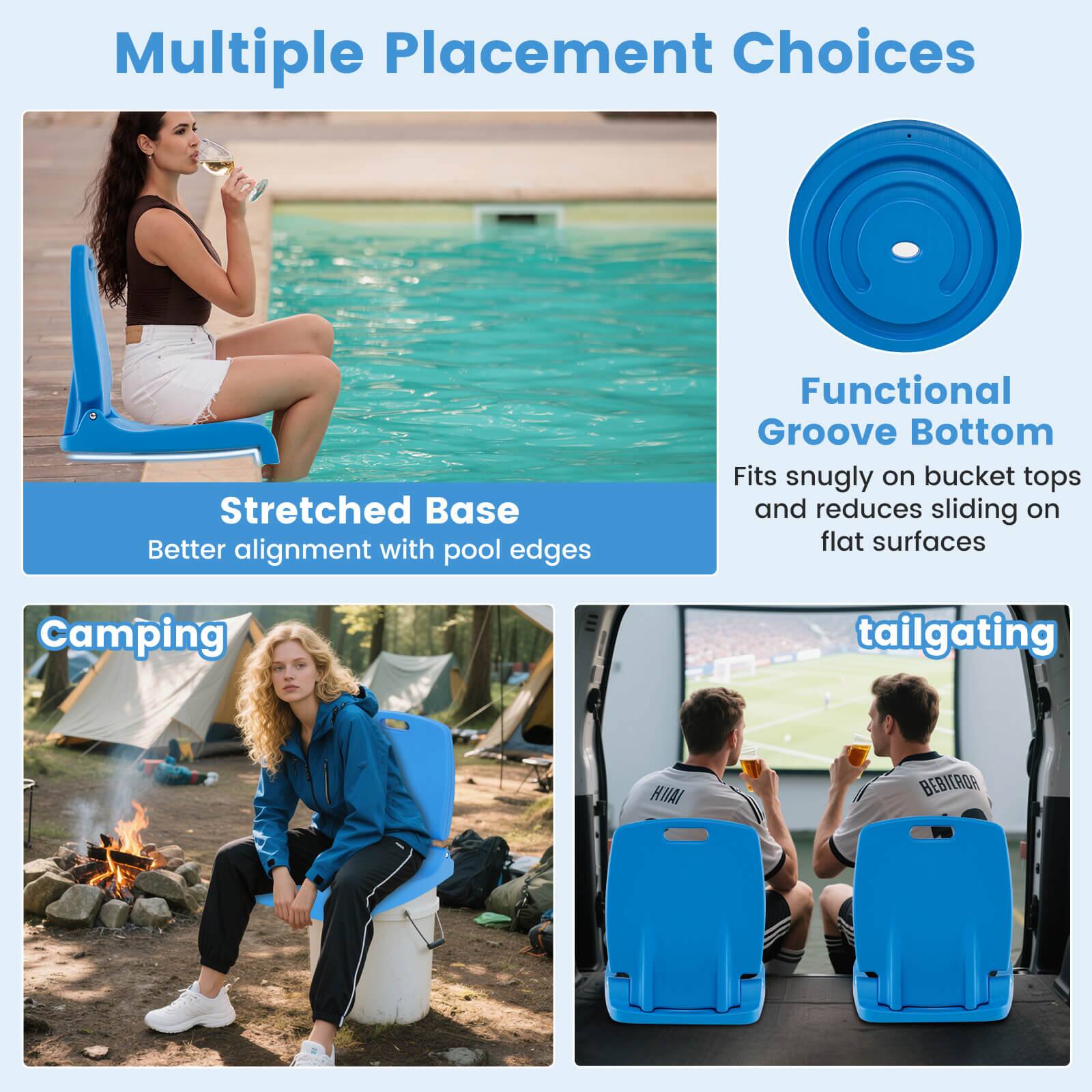 Multiple Placement Choices

Stretched Base  
Better alignment with pool edges

Functional Groove Bottom  
Fits snugly on bucket tops and reduces sliding on flat surfaces

Camping  
tailgating