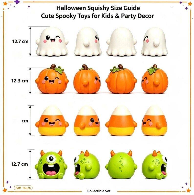 Halloween Squishy Size Guide  
Cute Spooky Toys for Kids & Party Decor

12.7 cm  
12.3 cm  
cm  
12.7 cm

Soft Touch  
Collectible Set