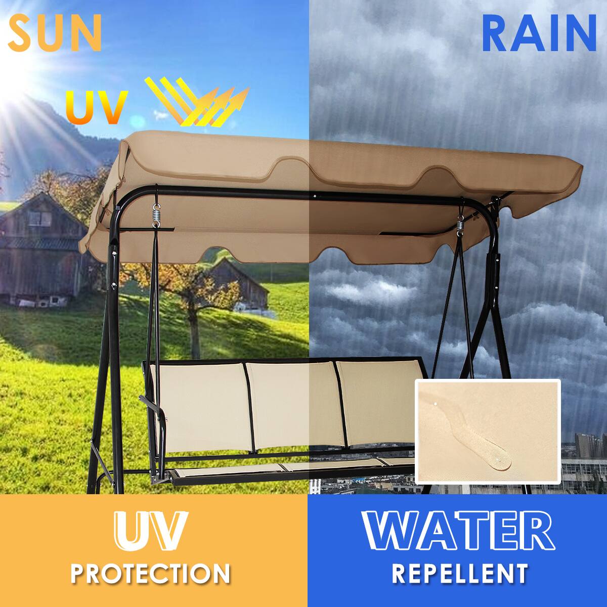 SUN  
UV  
UV PROTECTION  

RAIN  
WATER REPELLENT