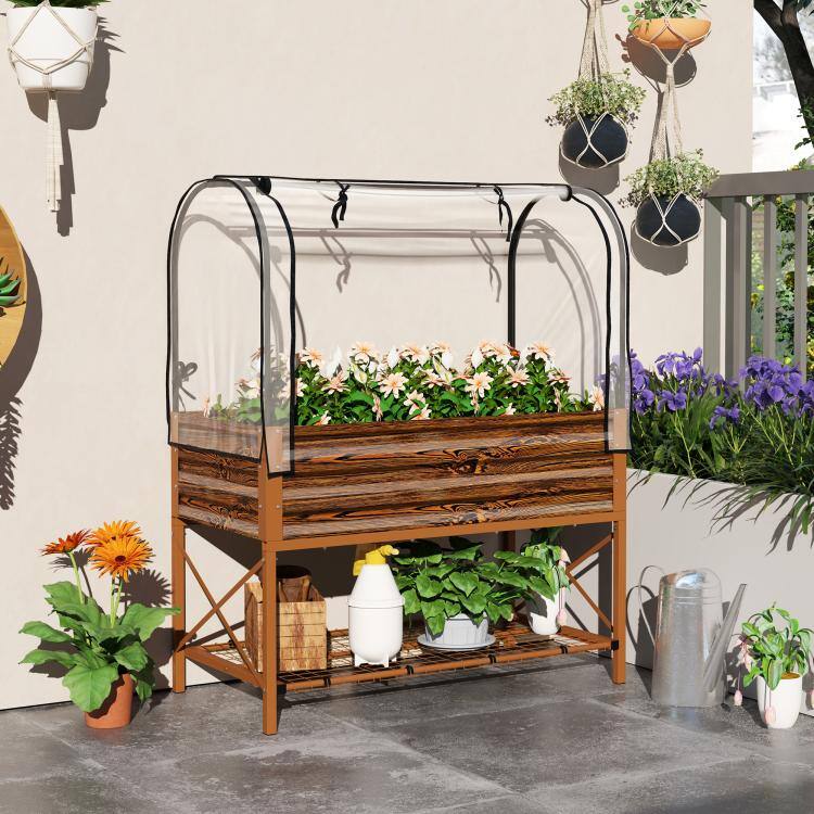 Alt View 1. PULUZ - Raised Garden Bed with Legs and Cover, Metal Elevated Planter Box with Bottom Shelf and Liner for Vegetables - Brown.