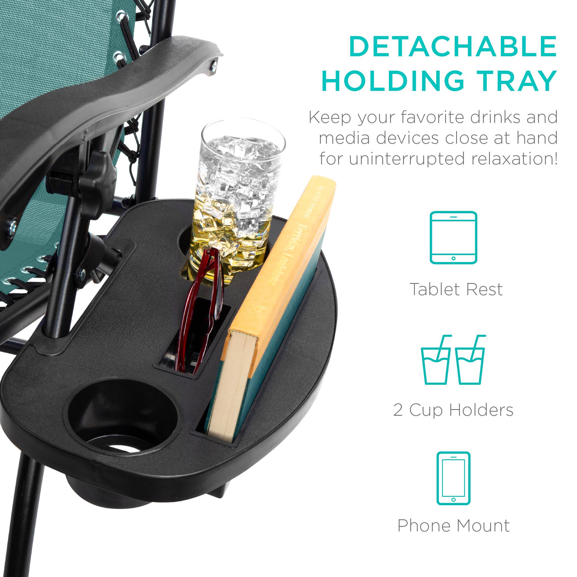 DETACHABLE HOLDING TRAY  
Keep your favorite drinks and media devices close at hand for uninterrupted relaxation!  

Tablet Rest  
2 Cup Holders  
Phone Mount