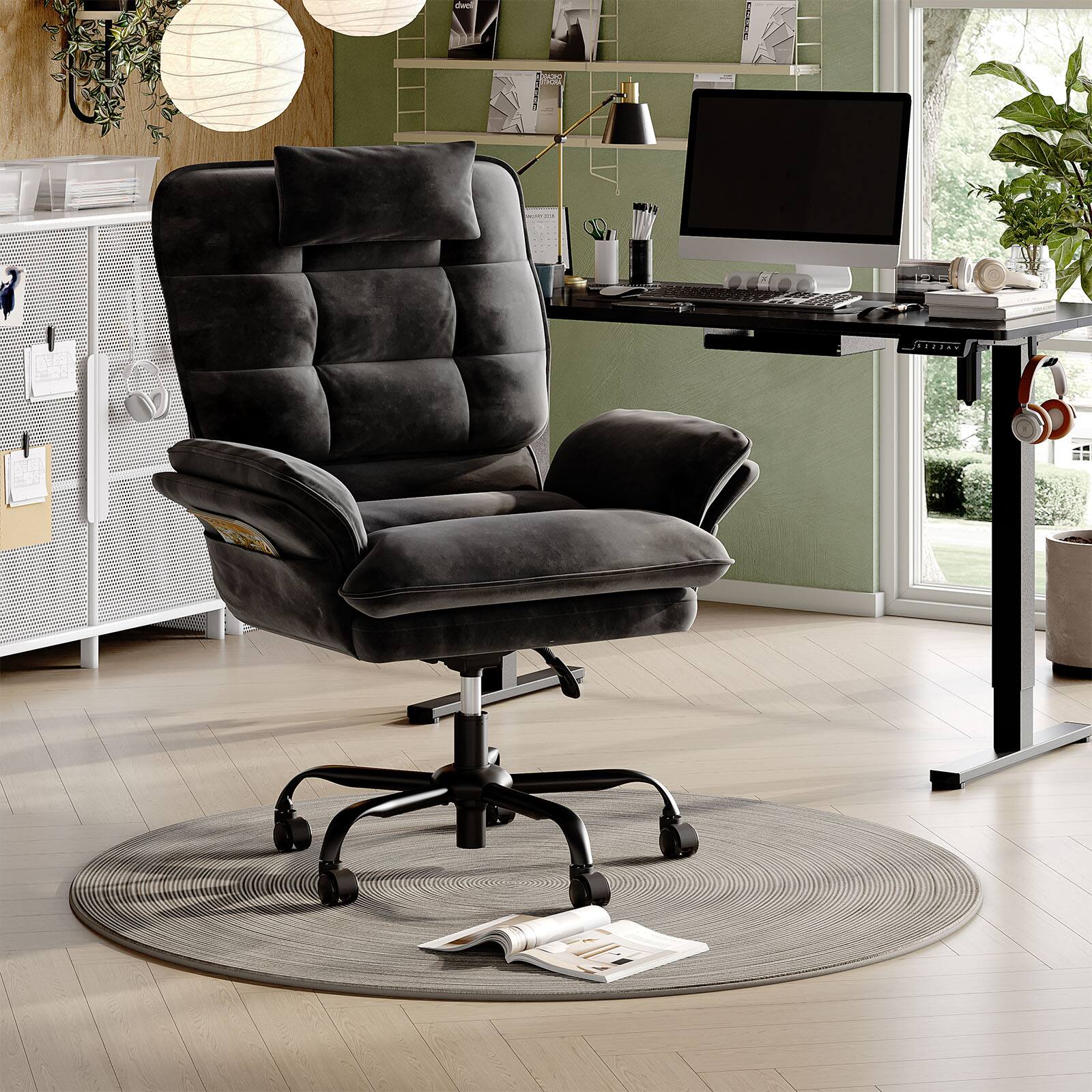 Alt View 1. Bestier - Home Office Desk Chair with Ergonomic Headrest & Velvet Upholstery - Black.
