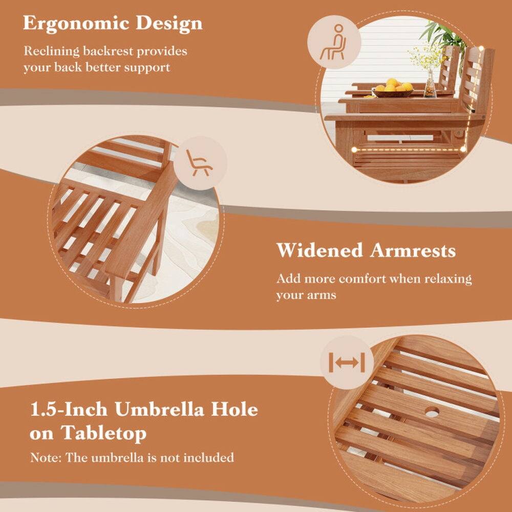 Ergonomic Design  
Reclining backrest provides your back better support  

Widened Armrests  
Add more comfort when relaxing your arms  

1.5-Inch Umbrella Hole on Tabletop  
Note: The umbrella is not included