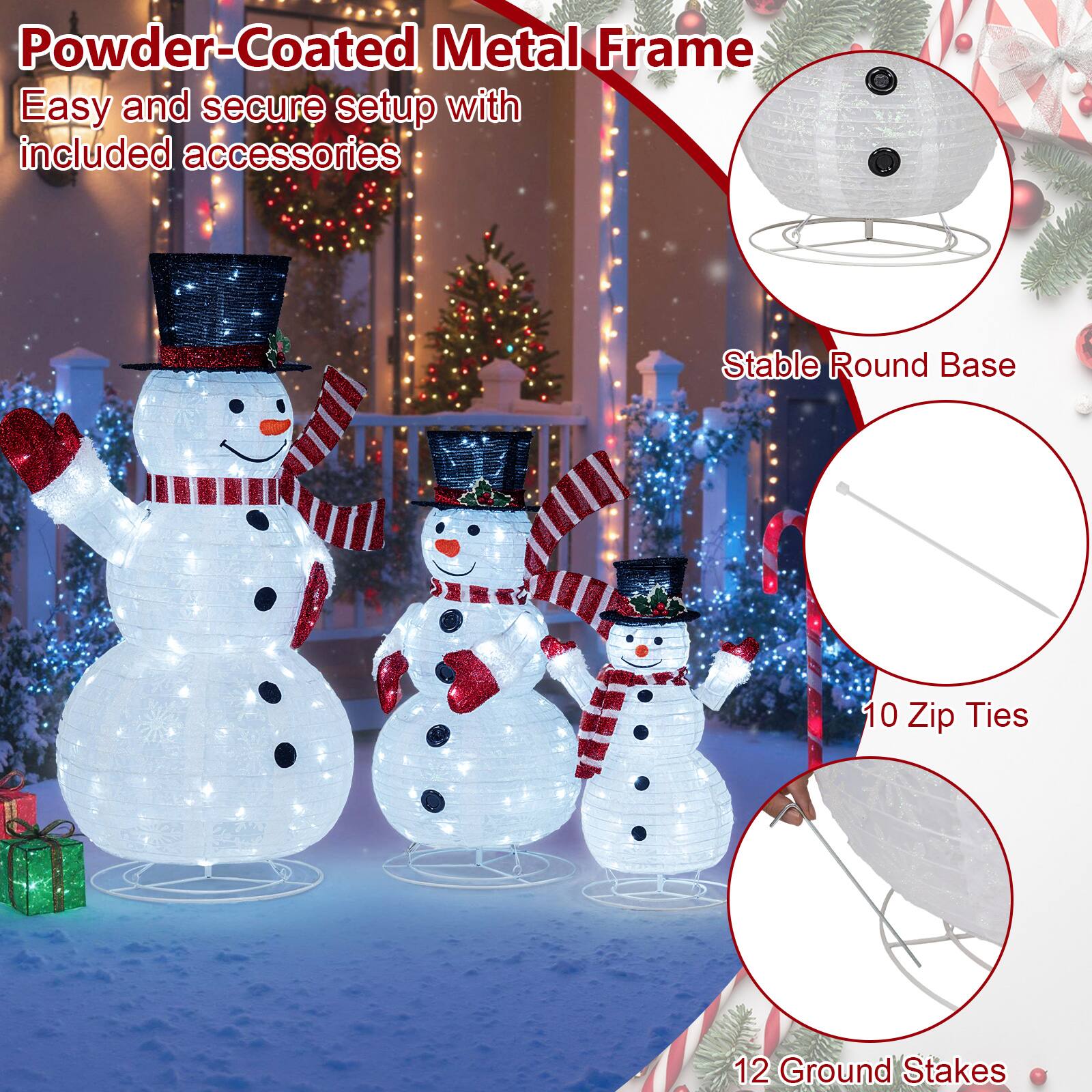 Powder-Coated Metal Frame  
Easy and secure setup with included accessories  
Stable Round Base  
10 Zip Ties  
12 Ground Stakes