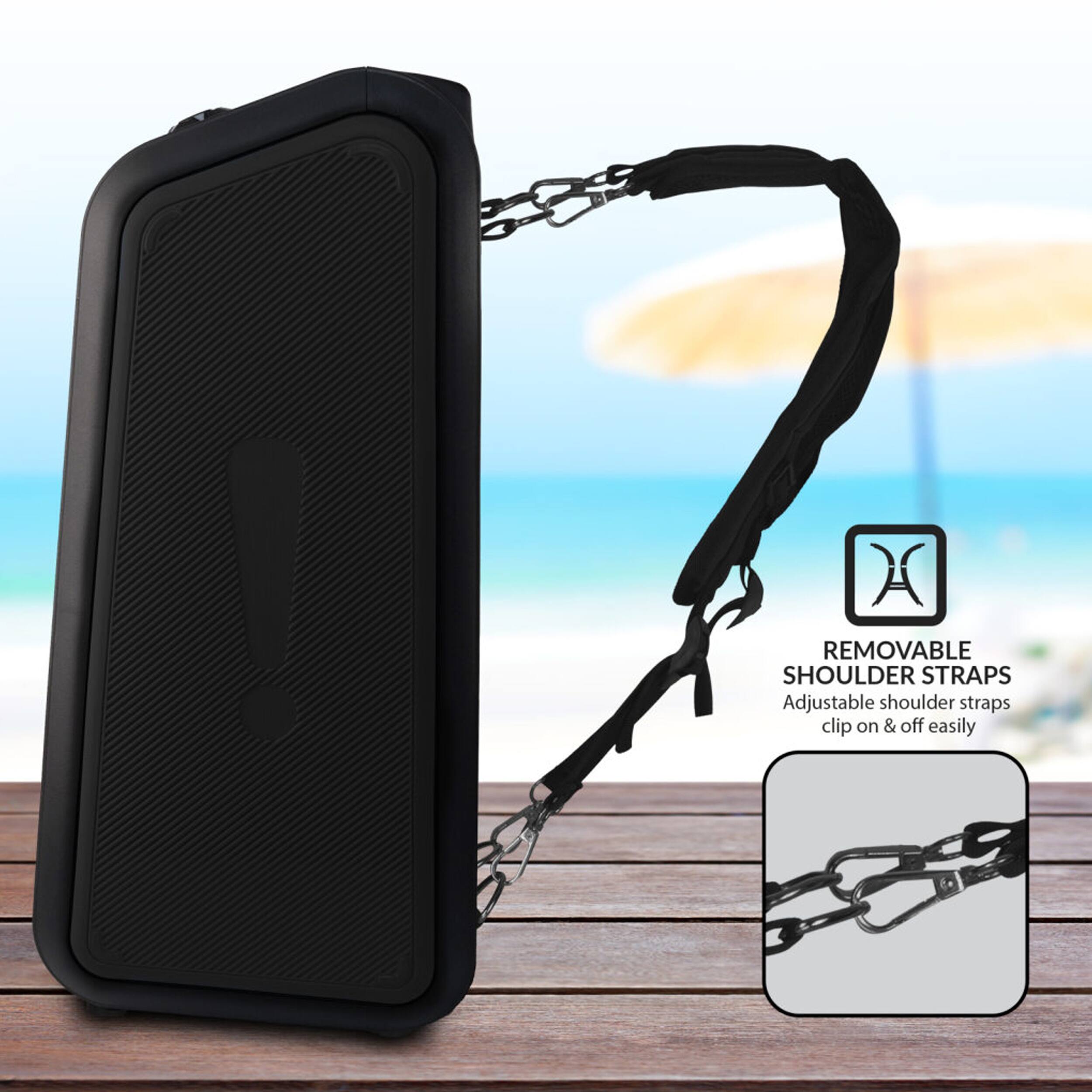 A removable shoulder strap. Adjustable shoulder straps clip on & off easily.